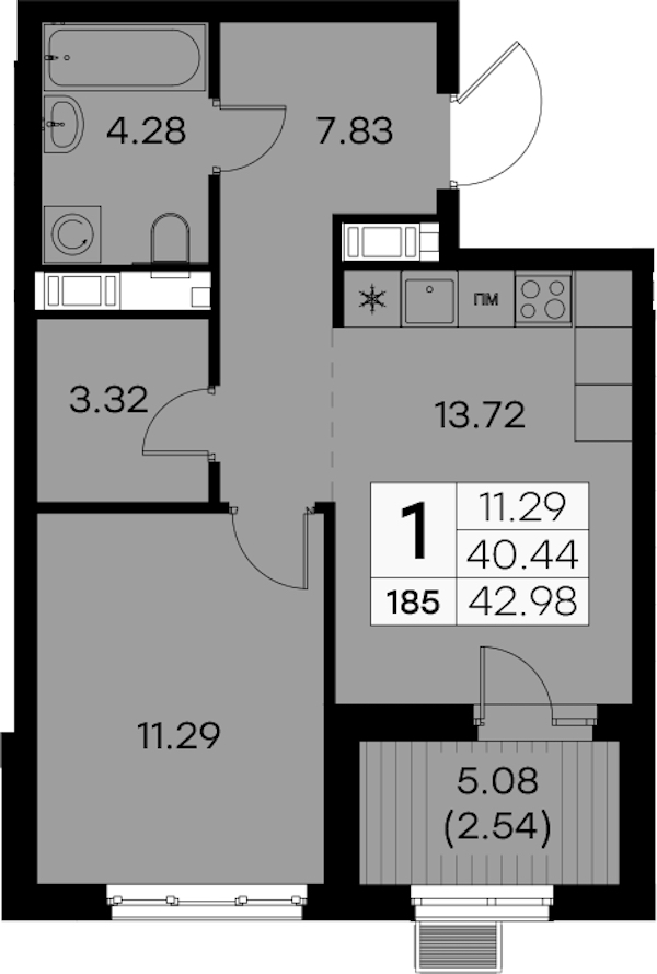 1-комнатная квартира 42.98 м², 7/7 эт., ЖК «Glorax City Балтийская»